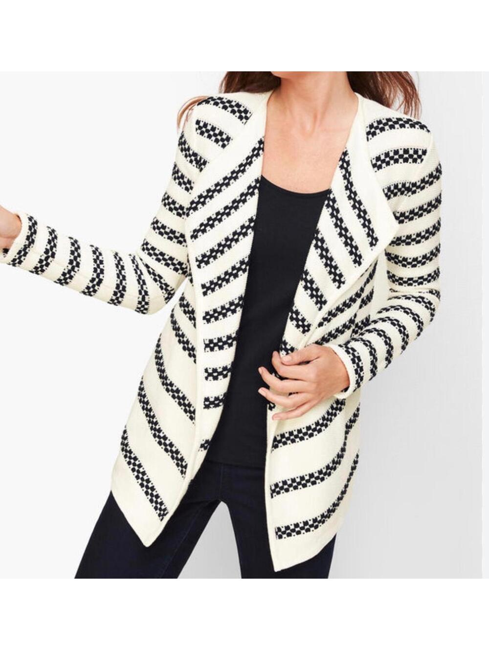 Talbots Ivory & Black Striped Open Front Cascade Drape Cardigan Sweater Petite P